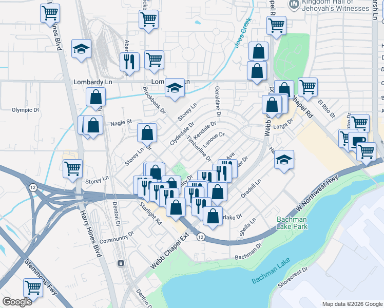 map of restaurants, bars, coffee shops, grocery stores, and more near 3066 Kendale Drive in Dallas