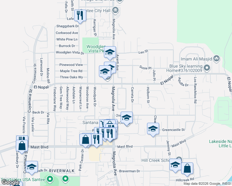 map of restaurants, bars, coffee shops, grocery stores, and more near 10154 West Glendon Circle in Santee