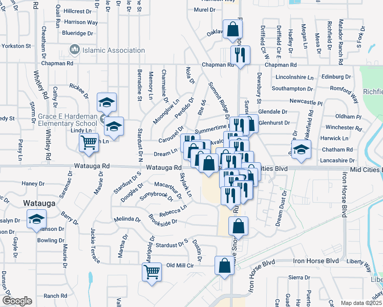 map of restaurants, bars, coffee shops, grocery stores, and more near 6520 Avalon Drive in Watauga