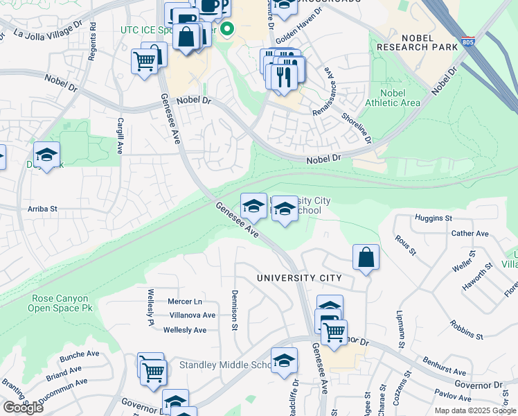 map of restaurants, bars, coffee shops, grocery stores, and more near Centurion Square in San Diego