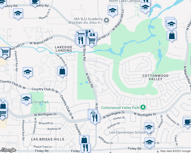 map of restaurants, bars, coffee shops, grocery stores, and more near 3950 North Story Road in Irving