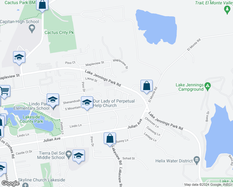 map of restaurants, bars, coffee shops, grocery stores, and more near 9939 Winchester Way in Lakeside