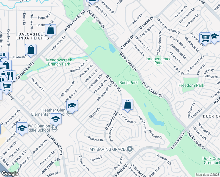 map of restaurants, bars, coffee shops, grocery stores, and more near 314 Meadowhill Drive in Garland