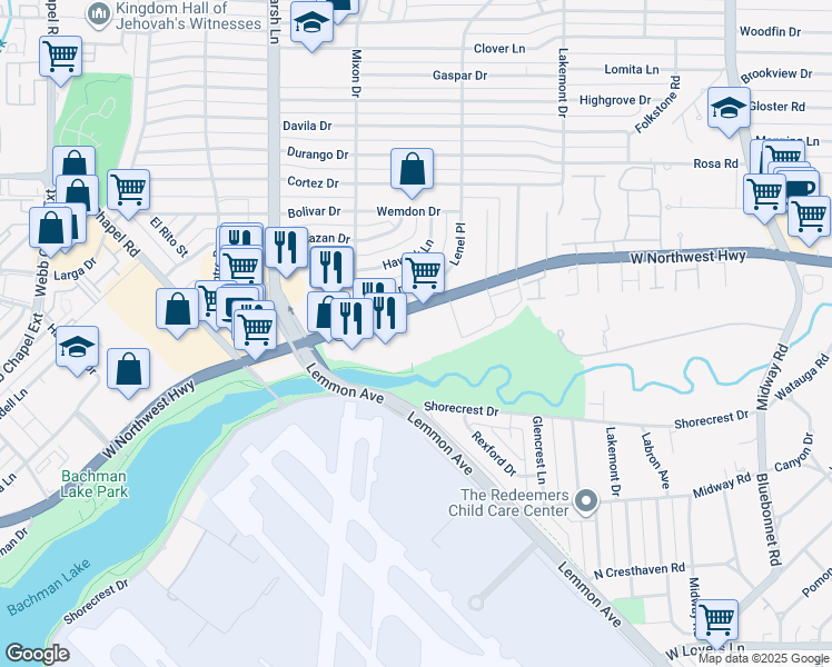 map of restaurants, bars, coffee shops, grocery stores, and more near 3890 West Northwest Highway in Dallas
