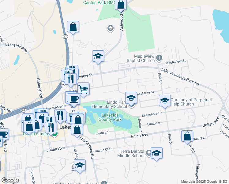 map of restaurants, bars, coffee shops, grocery stores, and more near 12741 Laurel Street in Lakeside
