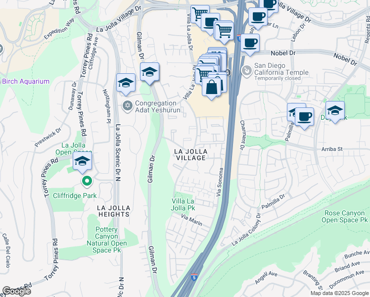 map of restaurants, bars, coffee shops, grocery stores, and more near 8524 Via Mallorca in San Diego