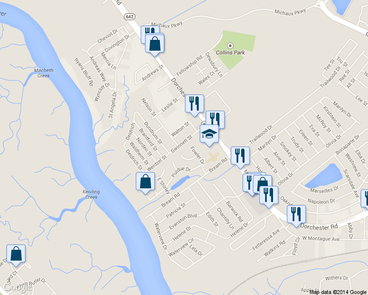 map of restaurants, bars, coffee shops, grocery stores, and more near 4356 Gwinnett Street in North Charleston