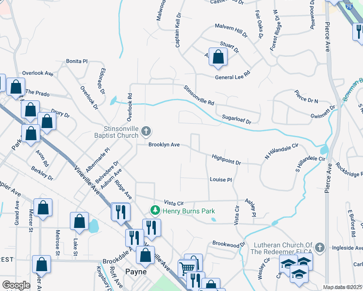 map of restaurants, bars, coffee shops, grocery stores, and more near 3355 Brooklyn Avenue in Macon