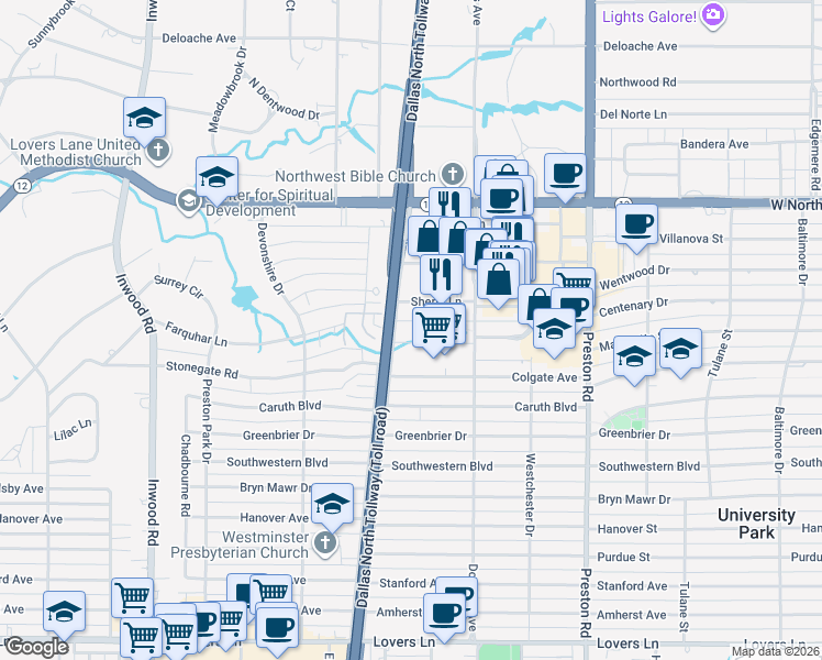 map of restaurants, bars, coffee shops, grocery stores, and more near 5950 Sherry Lane in Dallas