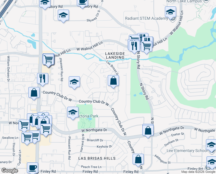 map of restaurants, bars, coffee shops, grocery stores, and more near 4267 Cuesta Drive in Irving