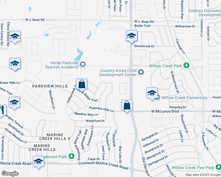 map of restaurants, bars, coffee shops, grocery stores, and more near 4509 Waterford Drive in Fort Worth
