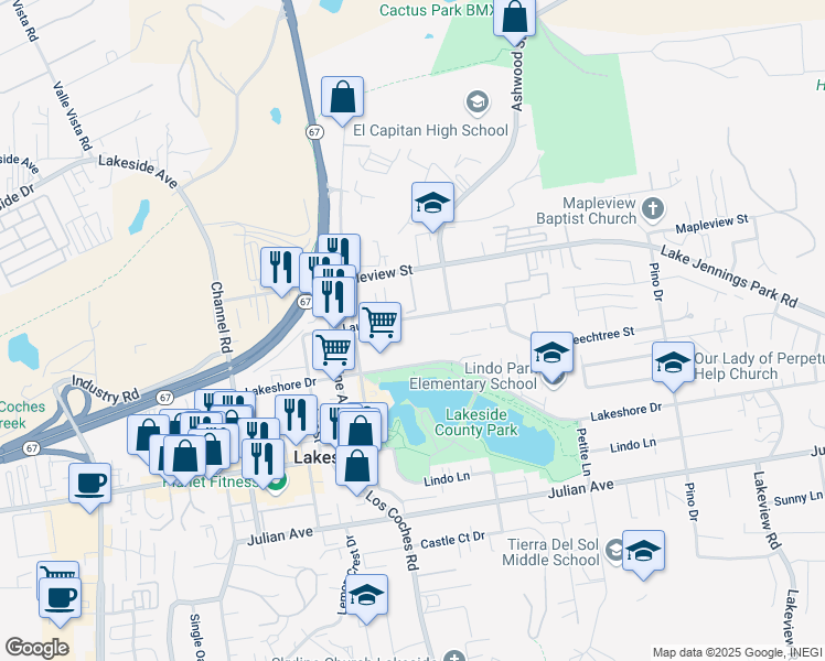 map of restaurants, bars, coffee shops, grocery stores, and more near in Lakeside