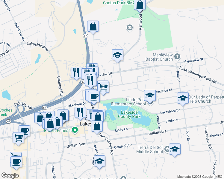 map of restaurants, bars, coffee shops, grocery stores, and more near 12618 Laurel Street in Lakeside