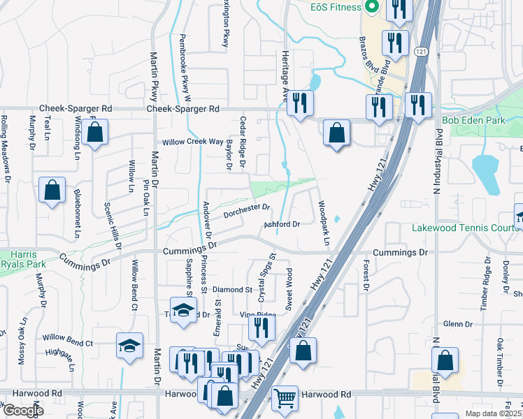 map of restaurants, bars, coffee shops, grocery stores, and more near 3617 Dorchester Drive in Bedford