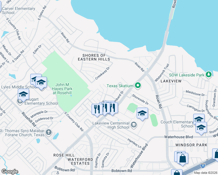 map of restaurants, bars, coffee shops, grocery stores, and more near 1818 Knob Hill Drive in Garland
