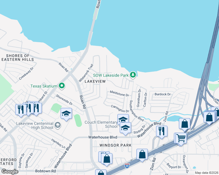 map of restaurants, bars, coffee shops, grocery stores, and more near 4410 Baskerville Drive in Garland