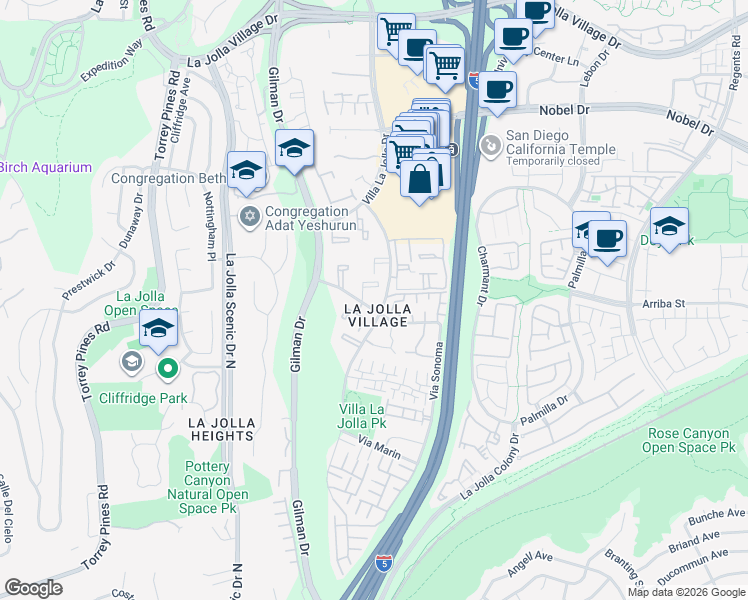 map of restaurants, bars, coffee shops, grocery stores, and more near 8524 Via Mallorca in San Diego