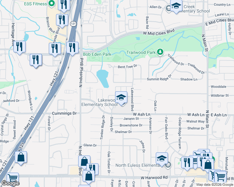 map of restaurants, bars, coffee shops, grocery stores, and more near 1722 Redbud Lane in Euless