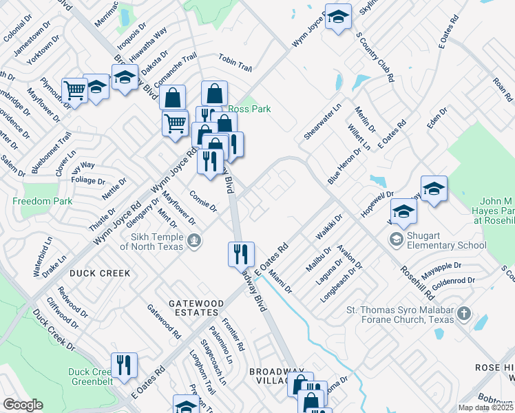 map of restaurants, bars, coffee shops, grocery stores, and more near 4243 Rosehill Road in Garland