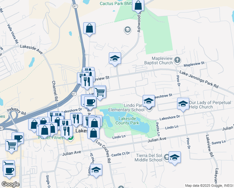 map of restaurants, bars, coffee shops, grocery stores, and more near 12705 Beechtree Street in Lakeside