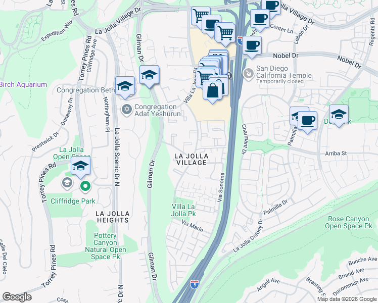 map of restaurants, bars, coffee shops, grocery stores, and more near 8524 Via Mallorca in San Diego