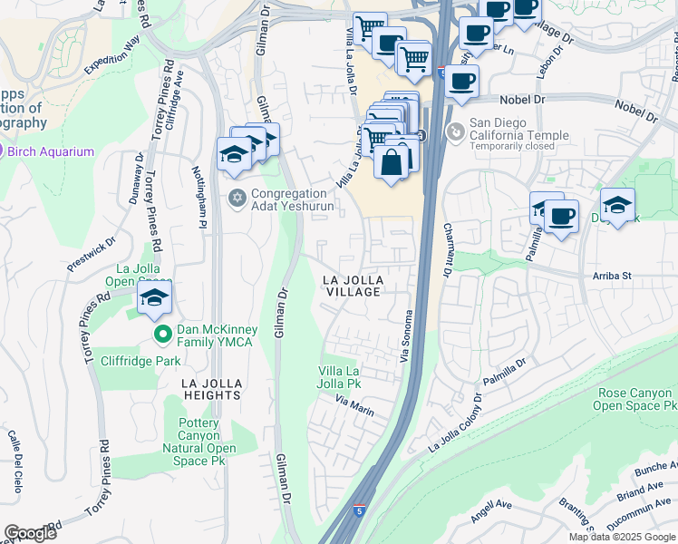 map of restaurants, bars, coffee shops, grocery stores, and more near 8524 Via Mallorca in San Diego