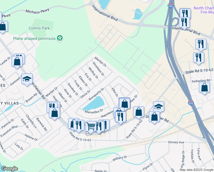 map of restaurants, bars, coffee shops, grocery stores, and more near 4017 Olivia Drive in North Charleston