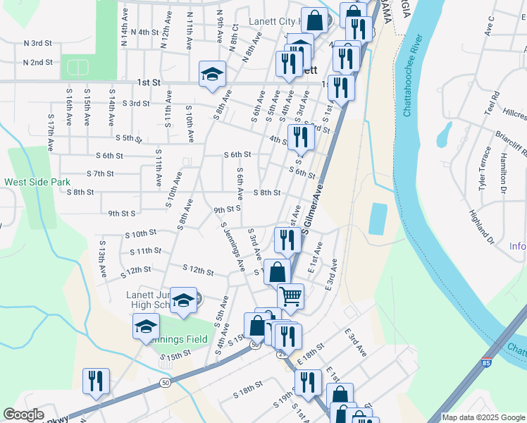 map of restaurants, bars, coffee shops, grocery stores, and more near 501 South 8th Street in Lanett