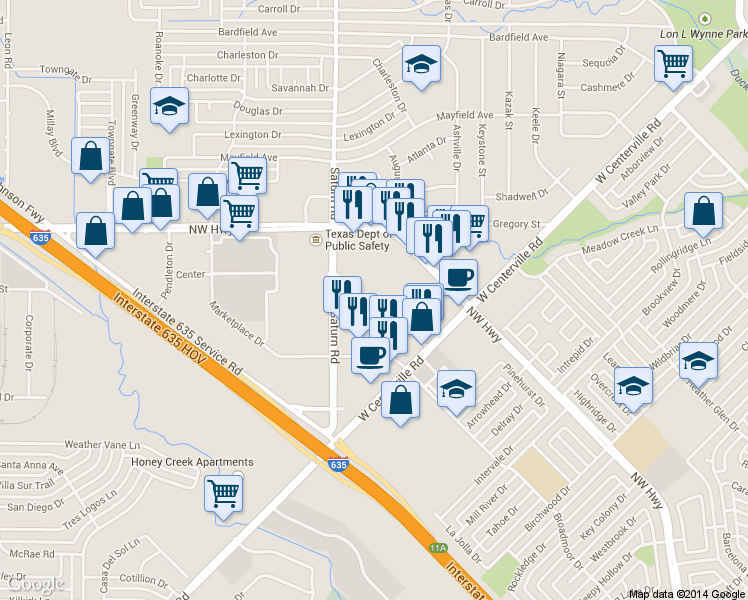 map of restaurants, bars, coffee shops, grocery stores, and more near 4624 Saturn Road in Garland
