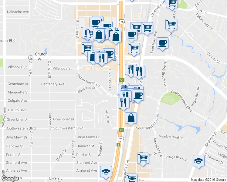 map of restaurants, bars, coffee shops, grocery stores, and more near 8221 North Central Expressway in Dallas
