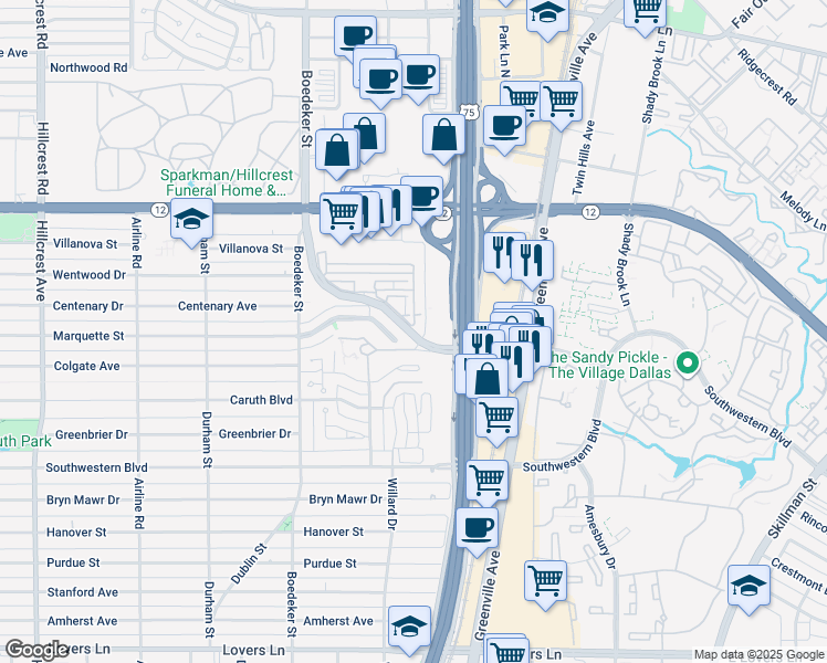 map of restaurants, bars, coffee shops, grocery stores, and more near 26 Lincoln Park Drive in Dallas