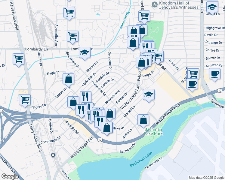 map of restaurants, bars, coffee shops, grocery stores, and more near 3208 Community Drive in Dallas