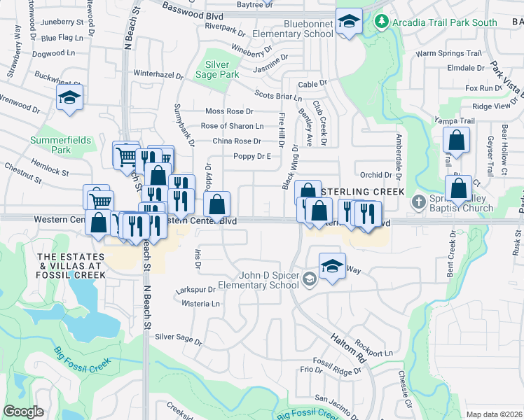 map of restaurants, bars, coffee shops, grocery stores, and more near 6715 Oriole Court in Fort Worth
