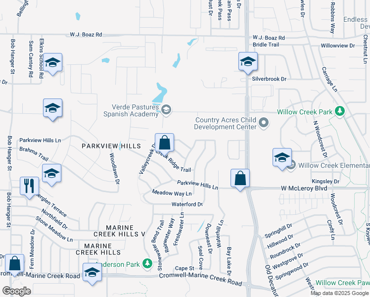 map of restaurants, bars, coffee shops, grocery stores, and more near 4941 Wildcreek Way in Fort Worth