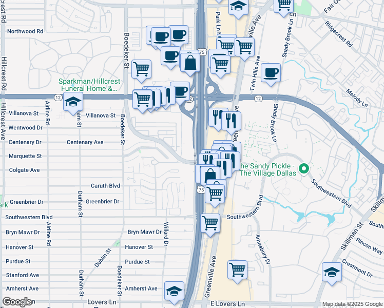 map of restaurants, bars, coffee shops, grocery stores, and more near 5585 Caruth Haven Lane in Dallas