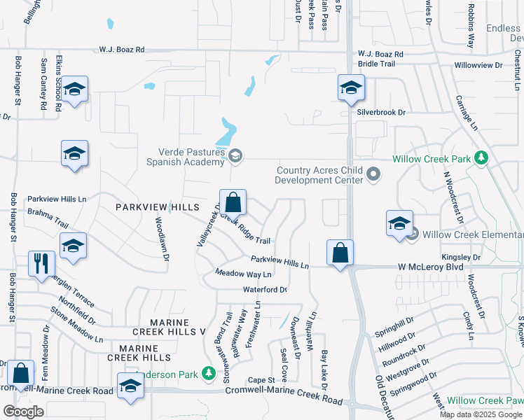map of restaurants, bars, coffee shops, grocery stores, and more near 4941 Wildcreek Way in Fort Worth
