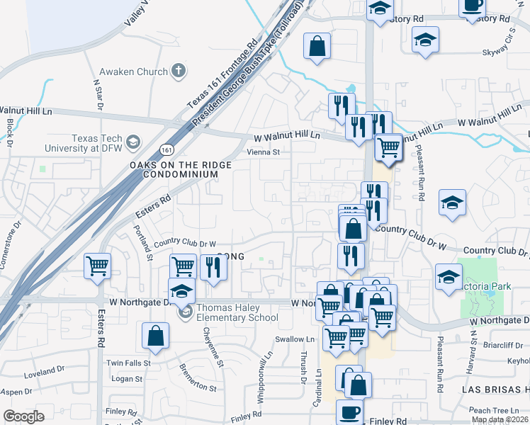 map of restaurants, bars, coffee shops, grocery stores, and more near 400 Flintridge Court in Irving