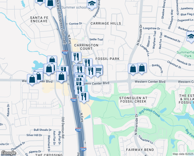 map of restaurants, bars, coffee shops, grocery stores, and more near 6613 Fossil Bluff Dr in Fort Worth