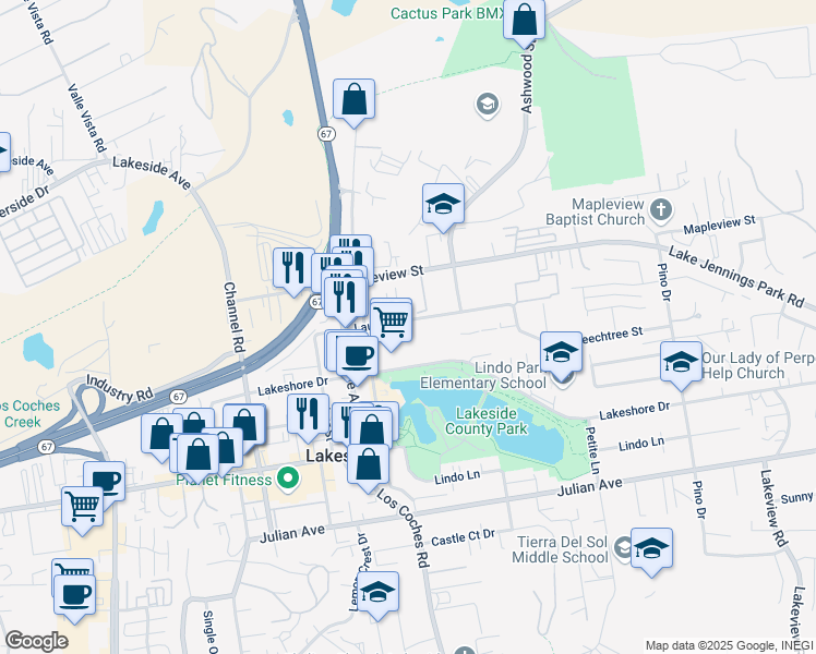 map of restaurants, bars, coffee shops, grocery stores, and more near 12571 Laurel Street in Lakeside