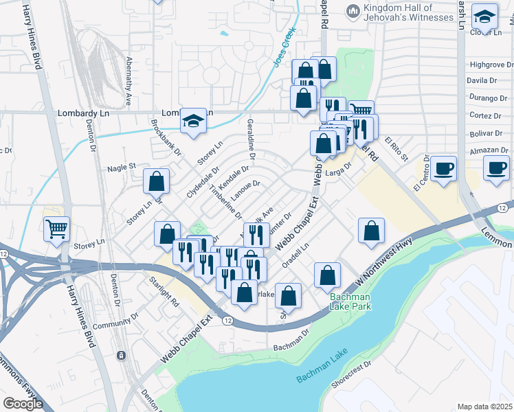 map of restaurants, bars, coffee shops, grocery stores, and more near 3208 Community Drive in Dallas