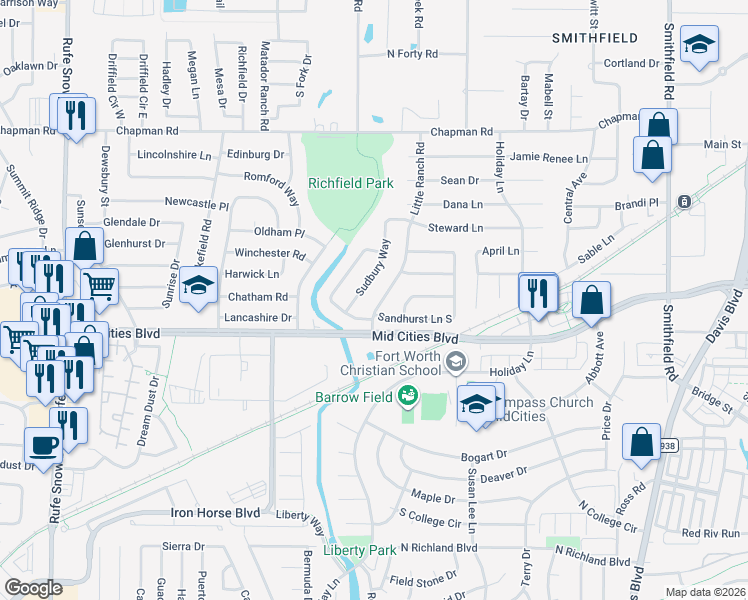 map of restaurants, bars, coffee shops, grocery stores, and more near 6321 Sudbury Way in North Richland Hills