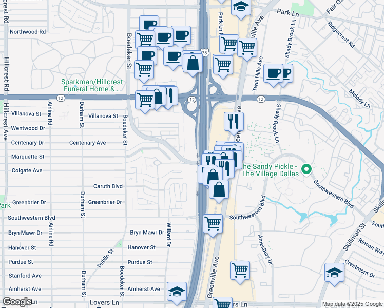 map of restaurants, bars, coffee shops, grocery stores, and more near 5585 Caruth Haven Lane in Dallas