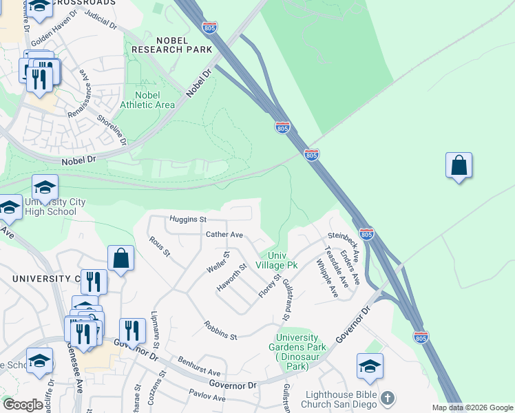 map of restaurants, bars, coffee shops, grocery stores, and more near 4676 Huggins Street in San Diego