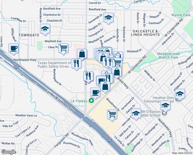 map of restaurants, bars, coffee shops, grocery stores, and more near 4624 Saturn Road in Garland