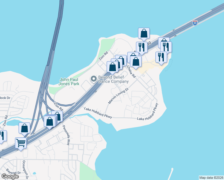 map of restaurants, bars, coffee shops, grocery stores, and more near 4351 Point Boulevard in Garland