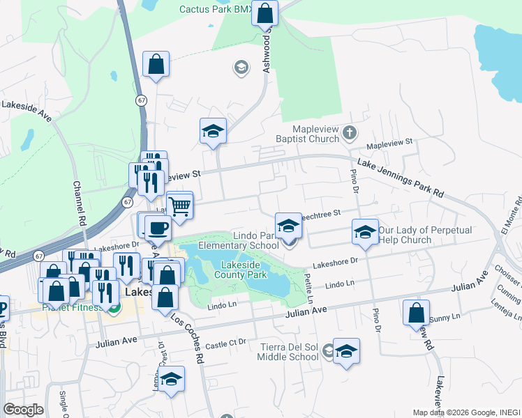 map of restaurants, bars, coffee shops, grocery stores, and more near 12853 Laurel Street in Lakeside