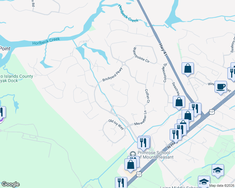 map of restaurants, bars, coffee shops, grocery stores, and more near 1271 Abercorn Trce in Mount Pleasant