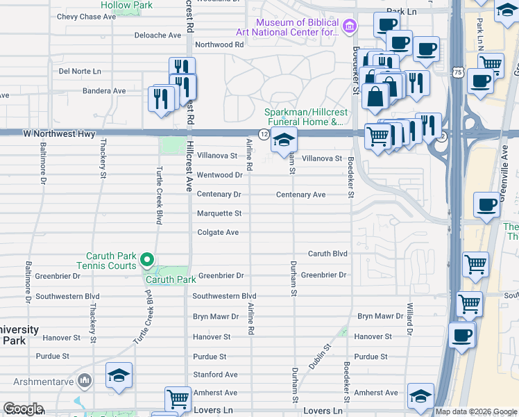 map of restaurants, bars, coffee shops, grocery stores, and more near 7202 Centenary Avenue in Dallas