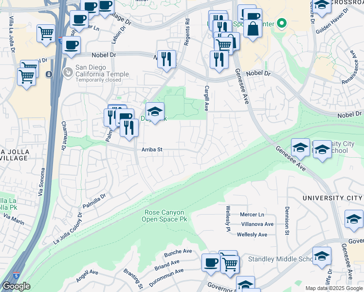 map of restaurants, bars, coffee shops, grocery stores, and more near 3938 Via Tranquilo in San Diego