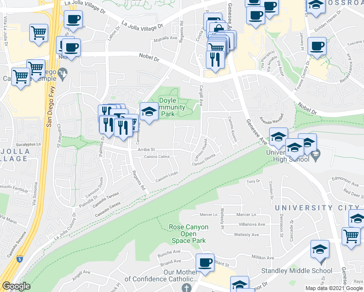 map of restaurants, bars, coffee shops, grocery stores, and more near 7955 Playmor Terrace in San Diego